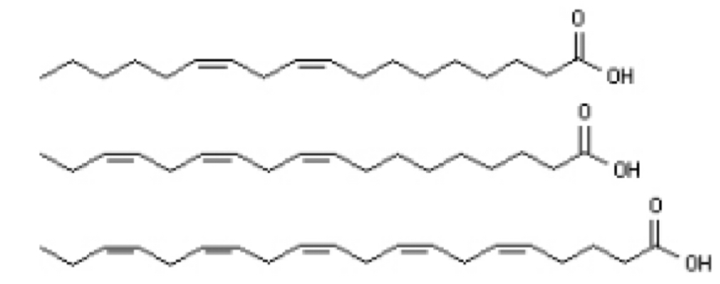 <p>Which of the following fatty acids have the highest melting point considering that all double bonds are cis double bonds?</p><p>The top image</p><p>The middle image</p><p>The bottom image</p>