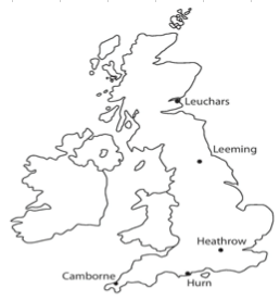 <p>Camborne (Cornwall)</p><p>Heathrow (near London)</p><p>Hurn (Dorset - south coast)</p><p>Leeming (Yorkshire - North England)</p><p>Leuchars (Scotland)</p>