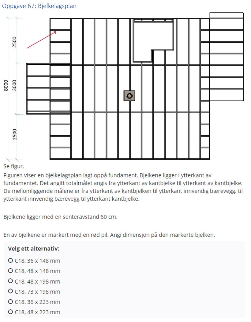 <p>(Bjelkelagsplan) Angi dimensjon på den markerte bjelken</p>