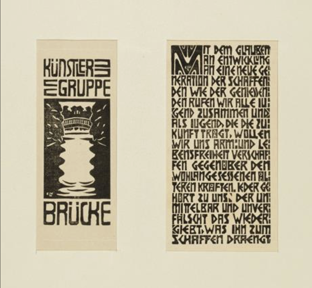 <p><strong>Examples:</strong></p><ul><li><p>Fritz Bleyl, Poster for the first Die Brucke Exhibition, 1906 (orange image)</p></li><li><p><span>Kirchner, <em>Programme</em>, 1906 (black and white woodcut)</span></p></li></ul><p></p><p><strong>Characteristics:</strong></p><ul><li><p><span>stylized forms, bold shapes, bold colors, </span></p></li><li><p><span>printmaking w woodcuts - able to make multiples, blocky&nbsp;</span></p></li></ul><p><br></p>