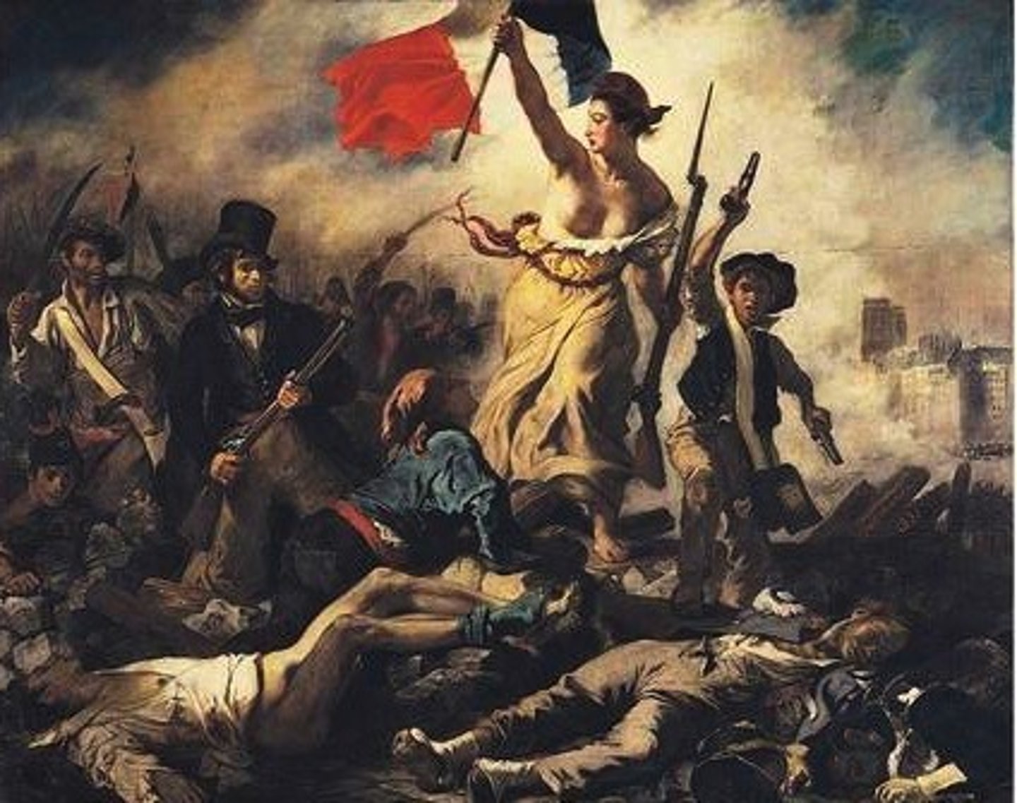 <p>Romantic1830. Eugene Delacroix. Oil on canvas.<br>Symbolical representation of the July revolution of 1830<br>Triangular composition, ORDER!!<br>CONTRASTING MESSAGES, CHAOTIC. Smoke=fire, barricade. Order composition<br>NOMES!<br>Child with pistols = STUDENTS<br>Man in top hat = middle class<br>Man with sword is lower class<br>Lady liberty leading the march<br>Phyrgian cap, worn by enslaved people who had been freed<br>Notre dame in background, symbol of France<br>ARTIST POLITICS! - romanticism</p>