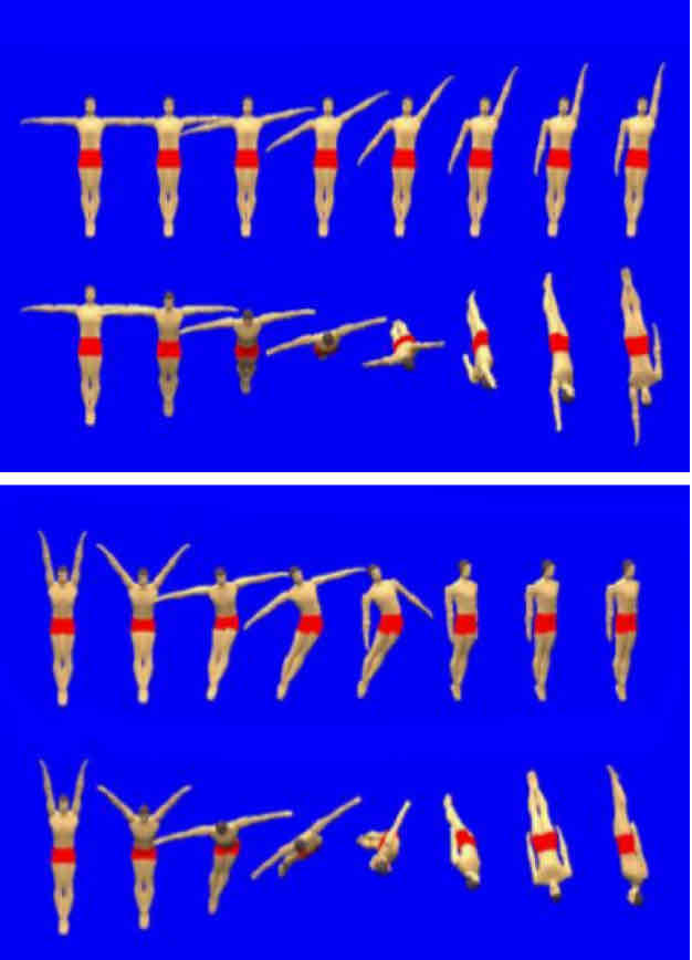 <ol><li><p><strong>Asymmetrical Arms</strong></p></li><li><p><strong>Asymmetrical Hips</strong></p></li></ol><p></p><ul><li><p>Can produce tilt <strong>during somersault</strong></p></li><li><p>Gymnasts use to <strong>correct movements</strong> in flight</p></li></ul>