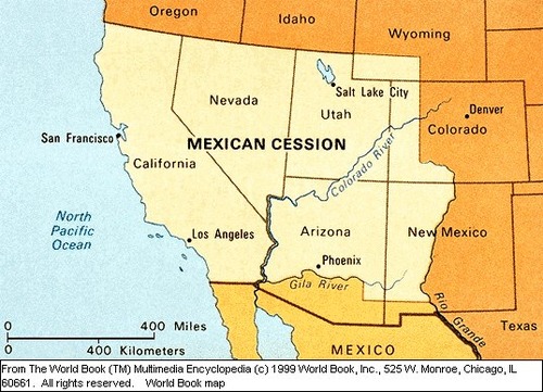 <p>(1848) The Mexican government gave up the area of Texas and offered to sell the provinces of California and New Mexico as a result of its defeat in the Mexican-American War.</p>