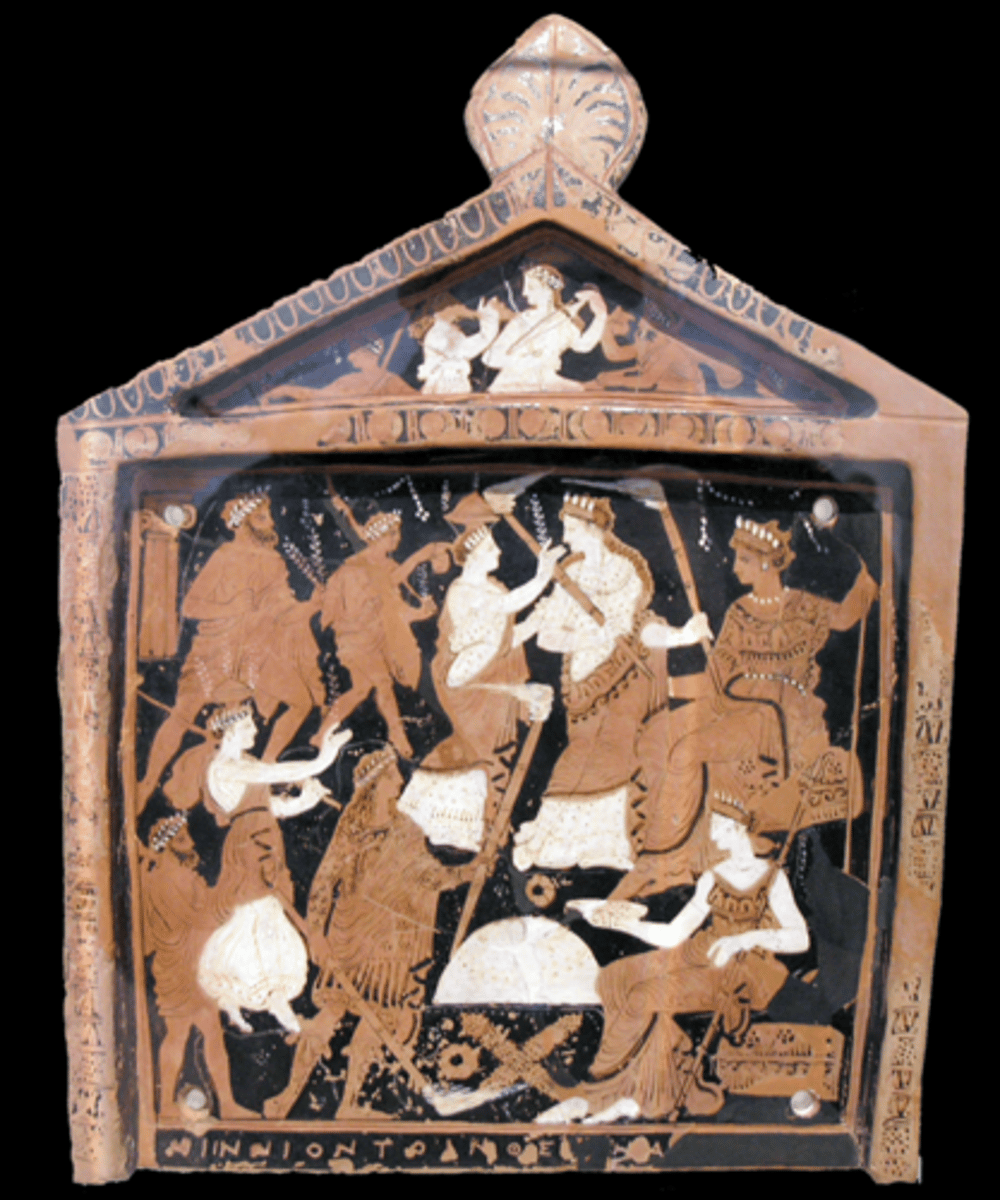 <p>Depiction of the cult of Eleusis, from left to right: initiates led by the god Iacchus are approaching the seated Demeter and Persephone</p>