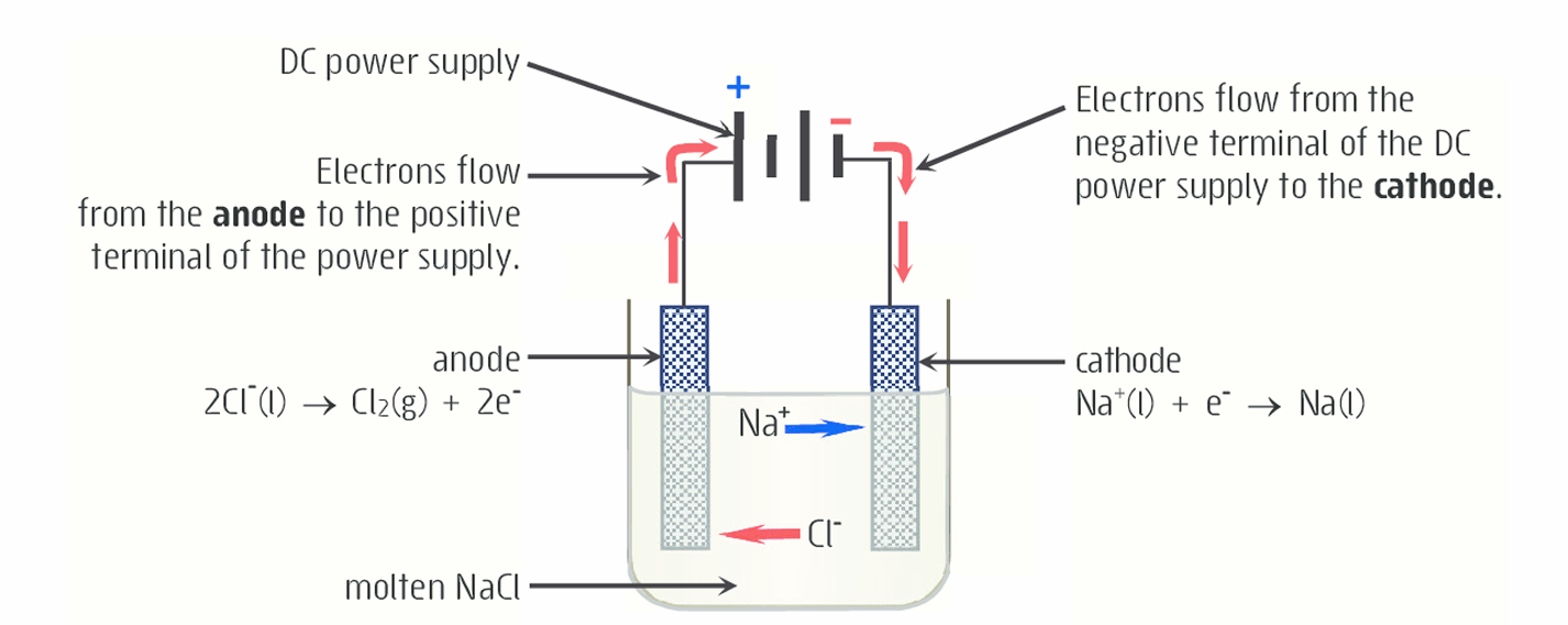 <p>2NaCl(l) —&gt; 2Na(l) + Cl2(g)</p><p>Positive sodium ions (Na+) in the electrolyte migrate towards the negative electrode, where they gain an electron to form Na(l).</p><p>Negative ions (Cl-) move to the positive electrode, electrode to lose an electron and form Cl2(g)</p><p>The DC voltage provides the energy needed to cause the movement of charge</p>