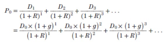 <p>The value of a share today (P₀) = present value of all future dividends.</p><p>Values of share price today = <strong>the discounted value of all future dividends.&nbsp;</strong></p><p>no matter what the share price is, the present value is essentially zero if we push the sale of the equity far enough away.1 We are eventually left with the result that the current price of the equity is the present value of the dividends beginning in one period and extending out forever</p>