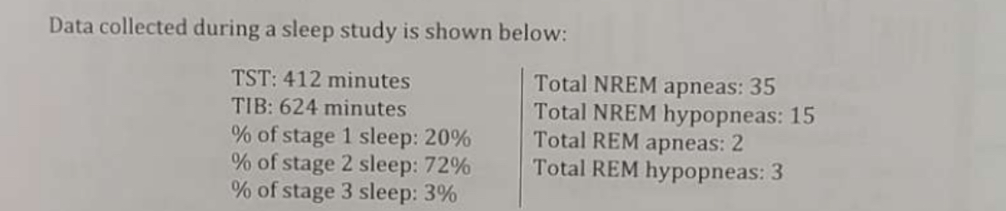 <p><span>What is the total NREM AHI (rounded to the nearest tenth per hour)?</span></p>