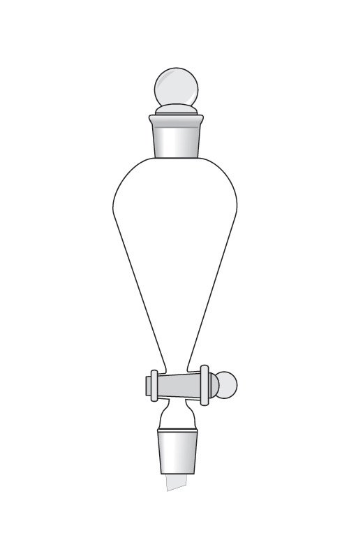 <p>A separatory funnel, also known as a separating funnel or a separation funnel, is a laboratory apparatus used in chemistry for separating immiscible liquids with different densities. It consists of a conical-shaped glass container with a stopcock at the bottom. The liquids are added to the funnel, and after allowing them to settle, the stopcock is opened to release the lower layer while retaining the upper layer. This process is called liquid-liquid extraction or solvent extraction. Separatory funnels are commonly used in various applications, such as organic synthesis, purification of compounds, and extraction of substances from mixtures.</p>