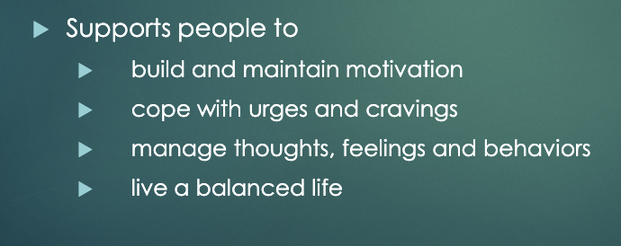 <p>mutual support group, based on rational emotive behavioral therapy (REBT) and CBT, focus on science and clinical evidence</p>