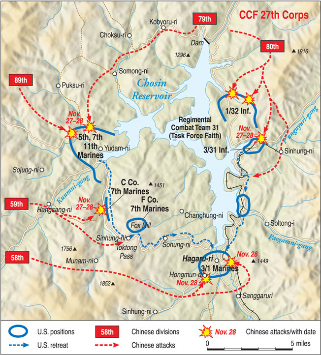 <p>Brutal Korean War battle (1950) where U.S. Marines fought their way out of encirclement by Chinese forces in freezing conditions. Demonstrated discipline, logistics, and tactical resilience.</p>