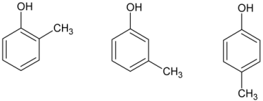 <p><strong><em>EXAMPLES OF PHENOLS</em></strong><br>- A mixture of three isomeric methylphenols<br>- Occurs as a yellow to brownish yellow liquid<br>- Obtained from<strong><em> coal tar or petroleum</em></strong><br>- Phenol coefficient: 2.5<br>- Disadvantage: unpleasant odor</p>