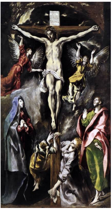 <ul><li><p><span>The depiction of Christ on the cross is elongated and expressive.<br><br></span></p></li><li><p><span>Surreal, vibrant colors and swirling forms contribute to the emotional intensity.<br><br></span></p></li><li><p><span>The figure of Christ is central, surrounded by saints and angels.<br><br></span></p></li></ul><p><span><strong>Memorable Fact</strong>: El Greco’s religious themes often push the boundaries of form and color, creating emotional and spiritual intensity.<br></span></p>