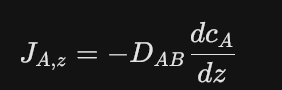 <p><strong>Definition:</strong> A law stating that the molar flux of a species is proportional to its concentration gradient. It assumes that mass moves from areas of high concentration to areas of low concentration.</p><p><strong>Utility:</strong> * Used to calculate the <strong>diffusive flux</strong> (<span><span>JA,z</span></span><span>​</span>) in a steady-state system.</p><ul><li><p>It defines the fundamental relationship used to find the diffusion coefficient (<span><span>DAB</span></span><span>​</span>).</p></li></ul><p></p>