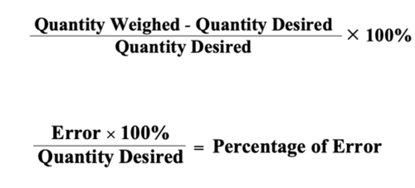 <p>💊 Maximum potential error expressed as a percentage <br><br>★ Quantity weighted = It the amount of drug that was actually measured ( the correct weight)<br>★ Quantity Desired = The quantity the prescription or the pharmacist ask for <br>★ Error is the Quantity weighed-Quantity desired</p>