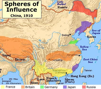 <p>Areas where each nation claimed special rights and economic privileges - most notably in China.</p>