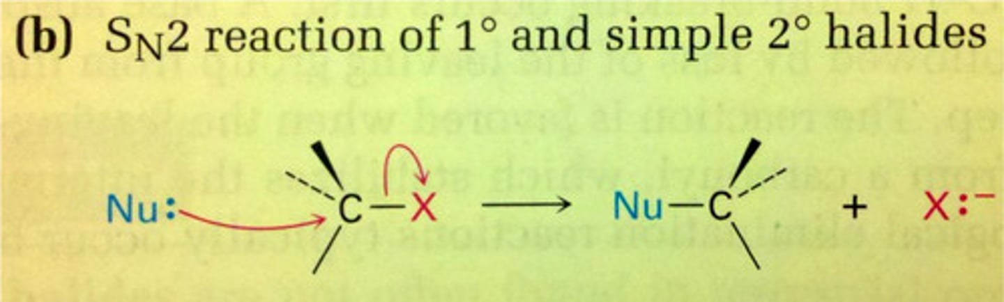 <p>the nucleophile approaches the carbon from the side opposite the leaving group</p>