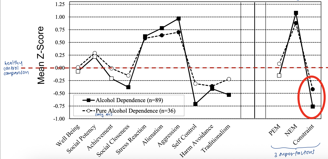 <p>personality profile for: (similar pattern across) </p><ul><li><p>alcohol problems </p></li><li><p>cannabis dependence </p></li><li><p>problem gambling </p></li></ul><p>*low constraint (high impulsivity), high neg emotionality (proneness to stress), positive emotionality (no predictive value) </p><p></p>