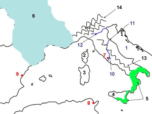 <ul><li><p>The &quot;foot&quot; of Southern Italy</p></li><li><p>Called &quot;Big Greece&quot; because it was originally colonized by Greeks</p></li></ul>