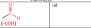 <p>carbonyl compounds in which a C=O is attached to a H atom and a hydrocarbon group (or another H atom); <strong>-al; (-COH)</strong></p>