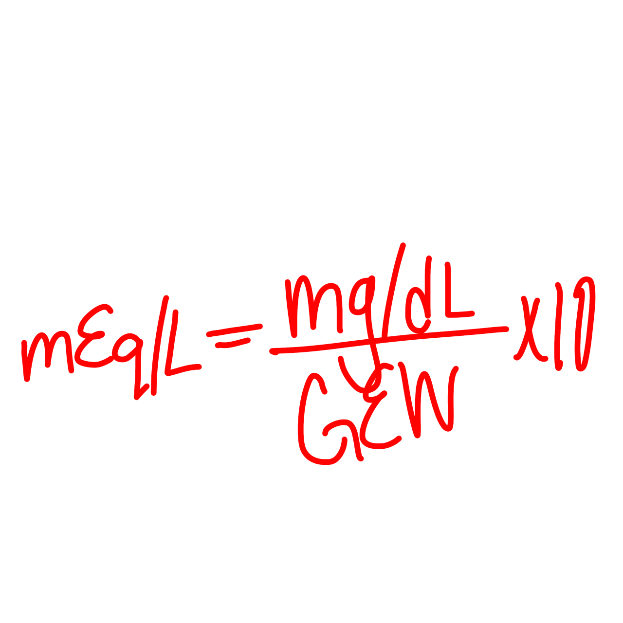 <p>mEq = (mg/dL)/(GEW) x 10</p>