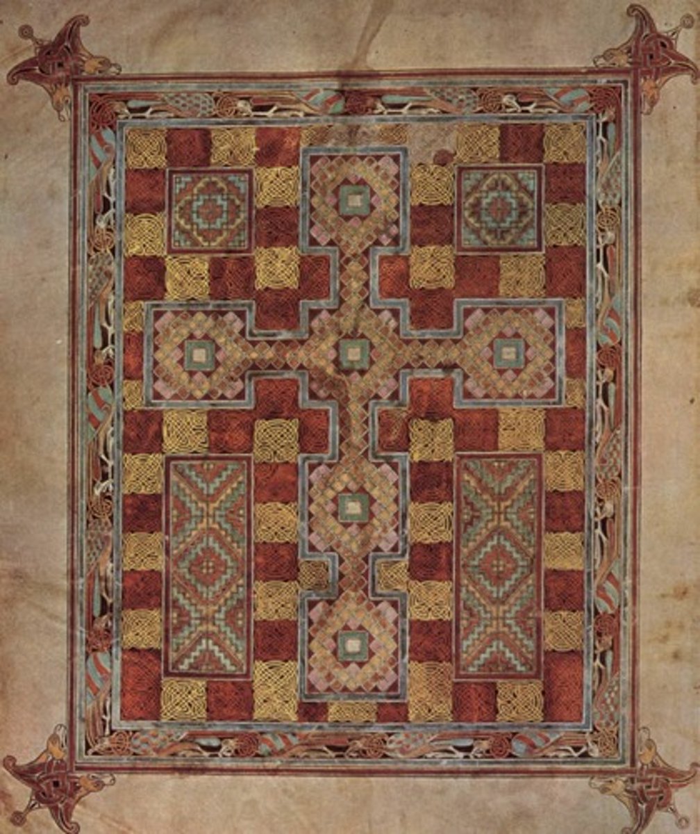 <p>Form:</p><p>-illuminated manuscript</p><p>Content:</p><p>-cross carpet page: cross forms out of chaos, creates illusion of 3D in which viewer can lose themselves in contemplation</p><p>-portrait page (luke): holds quill/looks prepared to write, gold halo (divinity), ox above his head, robe with purple and streaks of red</p><p>-incipit page (Luke): it "begins", animal life, spiral forms, swirling vortexes</p><p>Function:</p><p>-earliest known translation of the Bible</p><p>Context:</p><p>-created by monks</p>