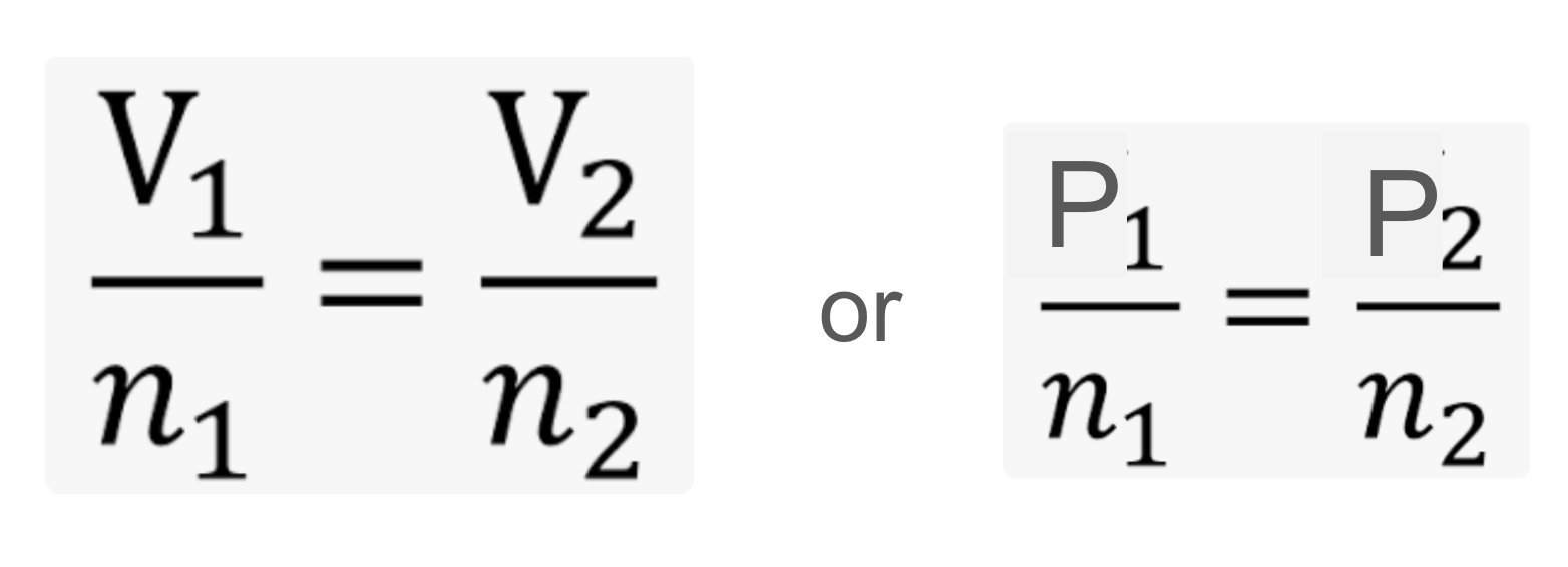 <ul><li><p>states that volume of a container is directly proportional to the number of moles of gas in the container</p></li><li><p>flexible containers use volume</p></li><li><p>rigid containers use pressure</p></li><li><p>more gas = more volume of container</p></li></ul><p></p>