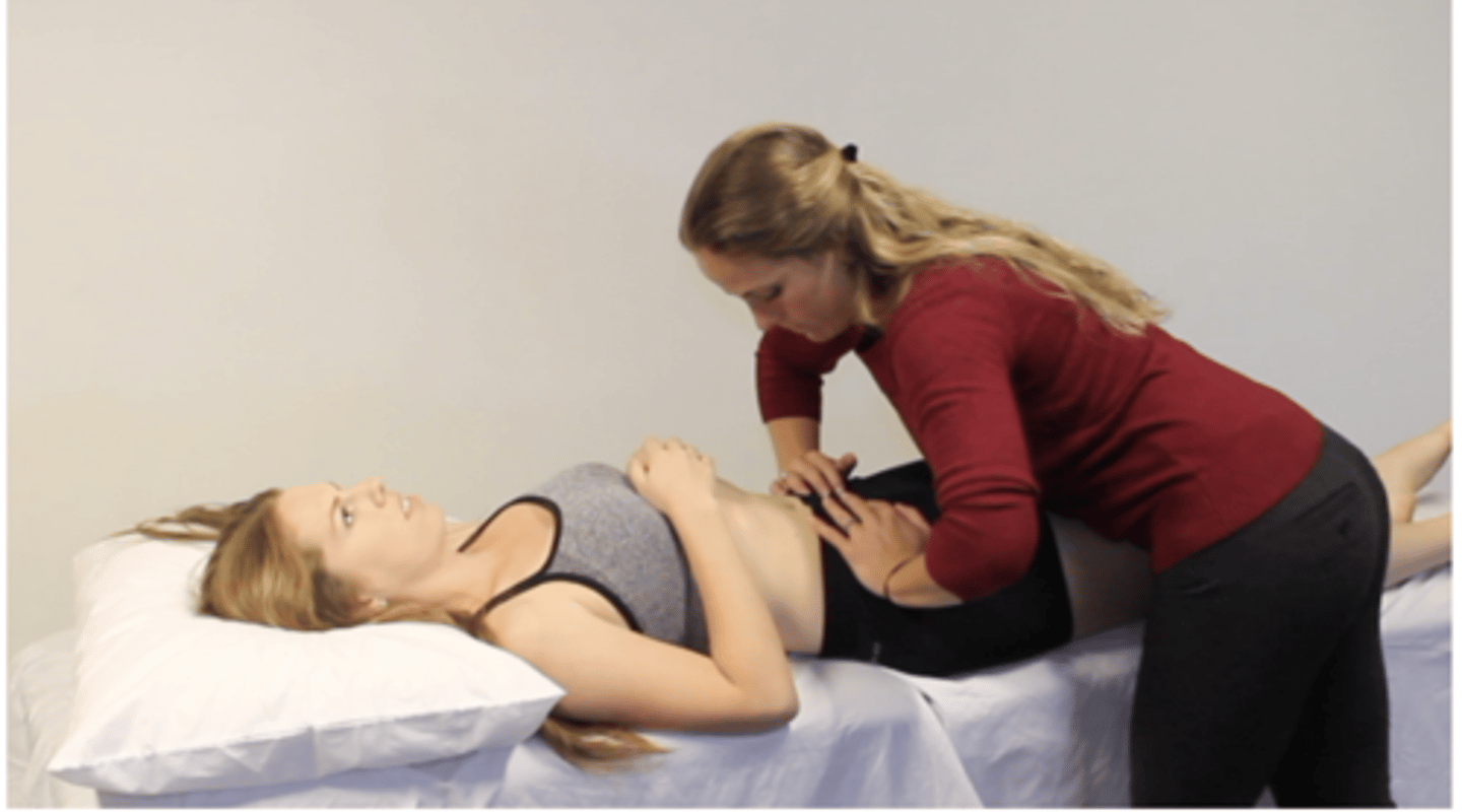 <p>positive if symptoms are reproduced</p><p>pt in supine, cross-over pressure applied to both ASIS</p>
