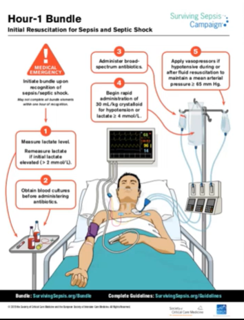 ii.	Measure lactic acid – greater than 2, recheck within 3 hours
iii.	Blood culture before antibiotics
iv.	Administer broad spectrum antibiotics
v.	Rapid fluid infusion – isotonic IV