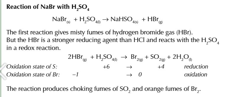 <p>some halides are strong enough reducing agents to reduce sulfuric acid to water and sulfur dioxide</p>