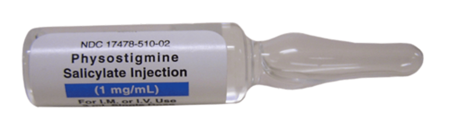 <p>physostigmine (1-2mg IV or IM q5-15 min) given at the ER - indirect cholinergic agonist</p>