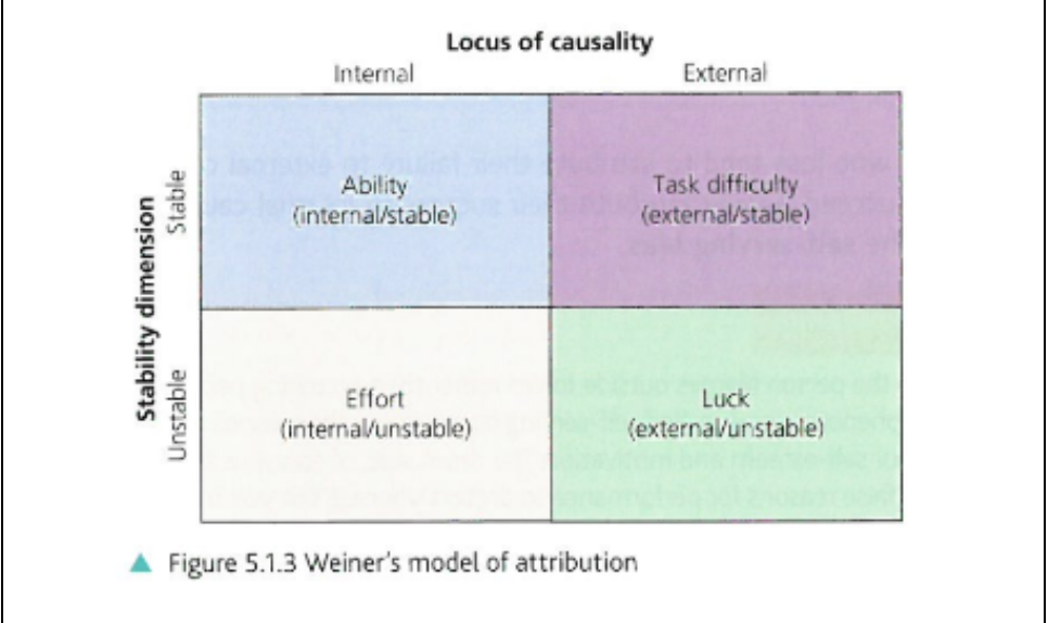 <p>4 reasons </p><ul><li><p><strong>ability </strong></p></li><li><p><strong>effort </strong></p></li><li><p><strong>task difficulty </strong></p></li><li><p><strong>luck </strong></p></li></ul>