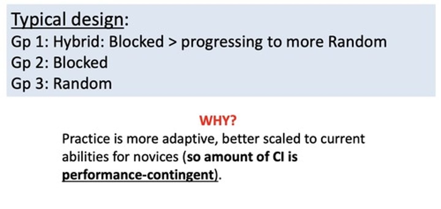 <p>-when there is a mix of blocked and random practice</p><p>-can sometimes be better than high CI schedules for difficult skills and beginner/novices (early in practice)</p>