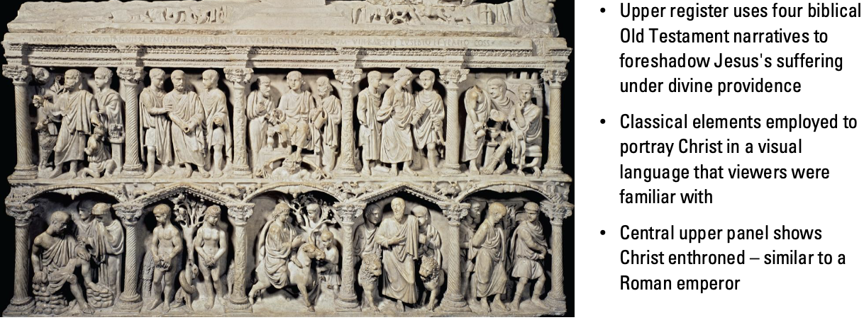 <p><span style=""><span>Upper register uses four biblical<br>Old Testament narratives to<br>foreshadow Jesus's suffering<br>under divine providence<br>• Classical elements employed to<br>portray Christ in a visual<br>language that viewers were<br>familiar with<br>• Central upper panel shows<br>Christ enthroned – similar to a<br>Roman emperor</span></span></p><p></p>