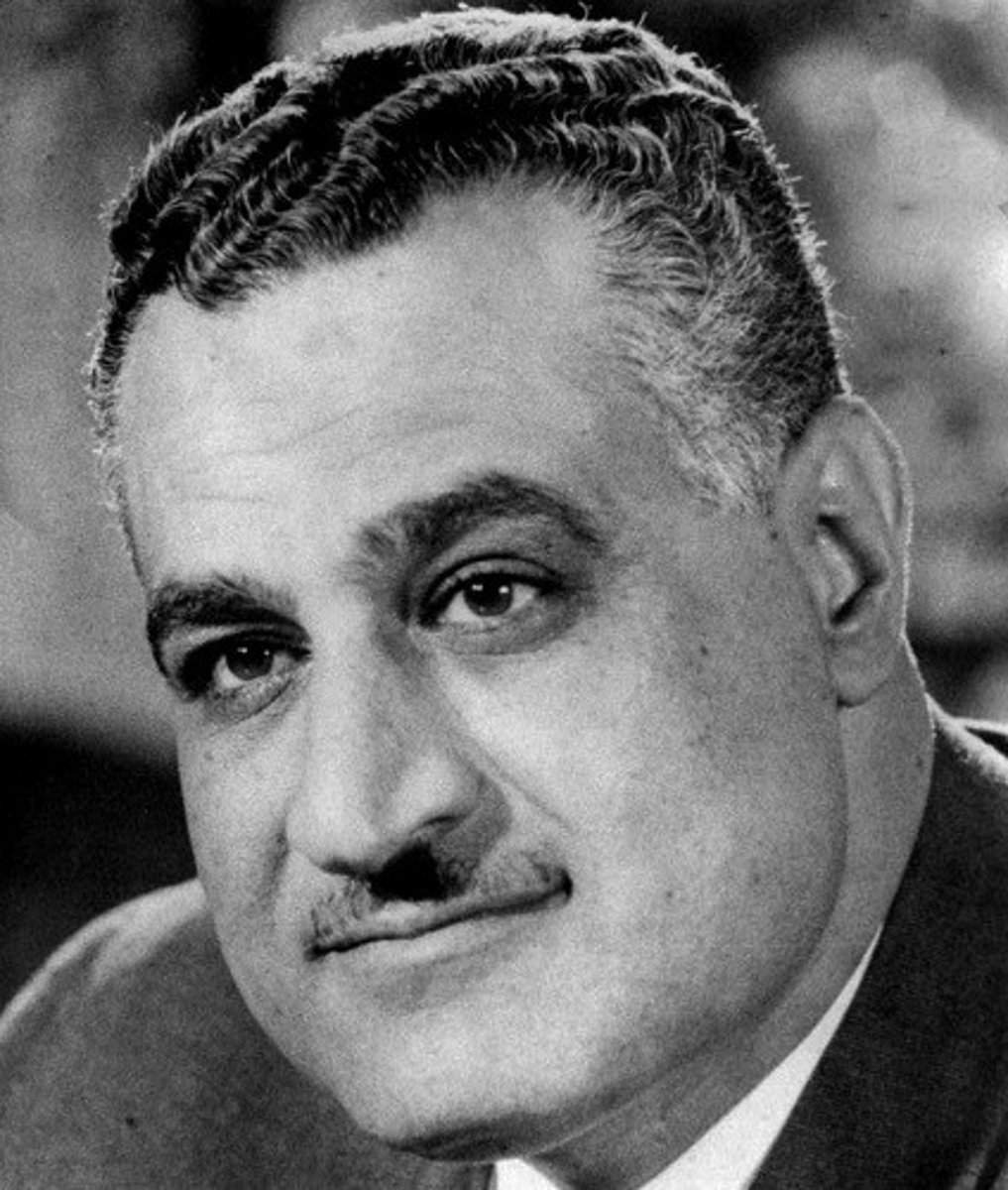 <p>President of Egypt who served from 1956 until his death in 1970; upon nationalizing the Suez Canal, Egypt was attacked by Israel, Great Britain and France but when they were called off by the USA, USSR and the United Nations, Nasser's reputation was strengthened; promoted pan-Arabism and initiated socialist and modernization reforms, including industrialization, to develop the Egyptian economy</p>