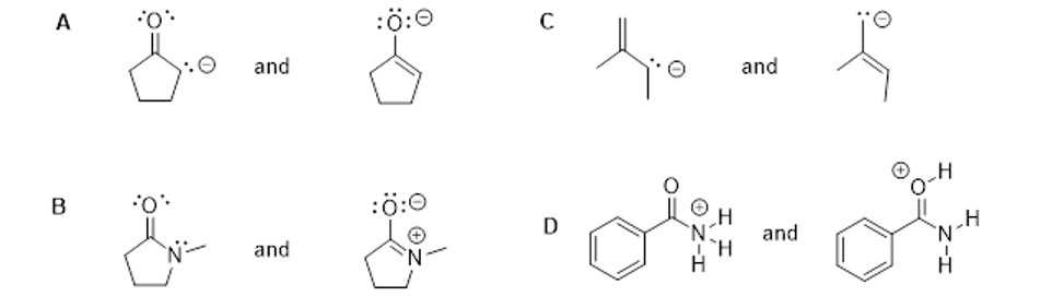 <p>Which of the following (A-D) are not resonance forms of each other?</p><p>A) a</p><p>B) b</p><p>C) c</p><p>D) d</p><p>E) they are all correct</p>
