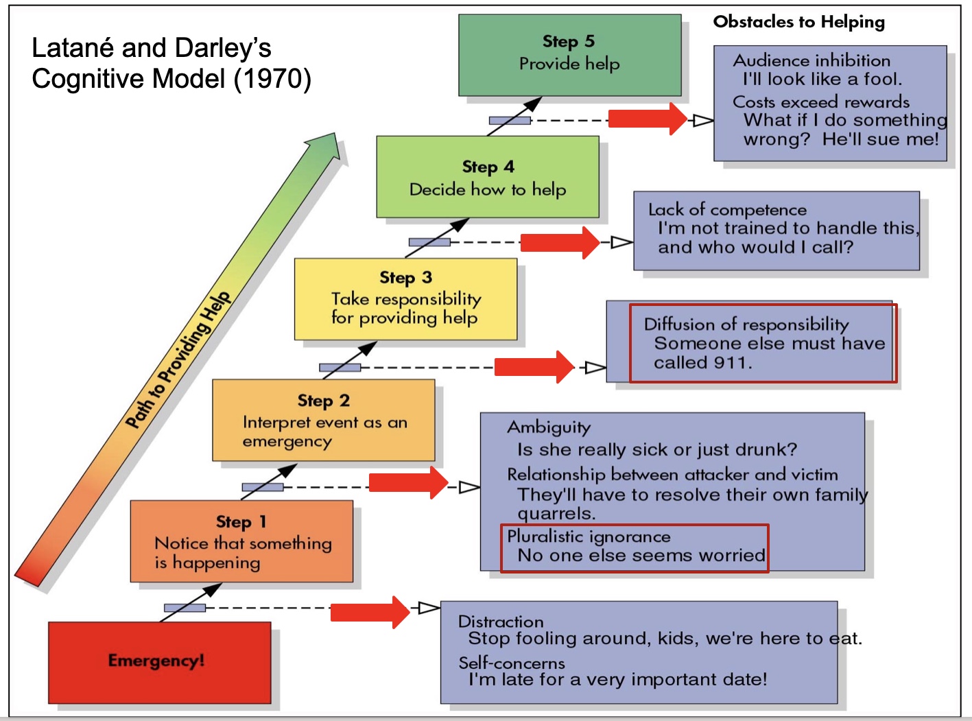 <p>It suggests that individuals go through a series of cognitive steps— noticing the event, interpreting it as an emergency, assuming responsibility, and deciding how to act—before deciding whether to intervene in a crisis or emergency situation.</p>