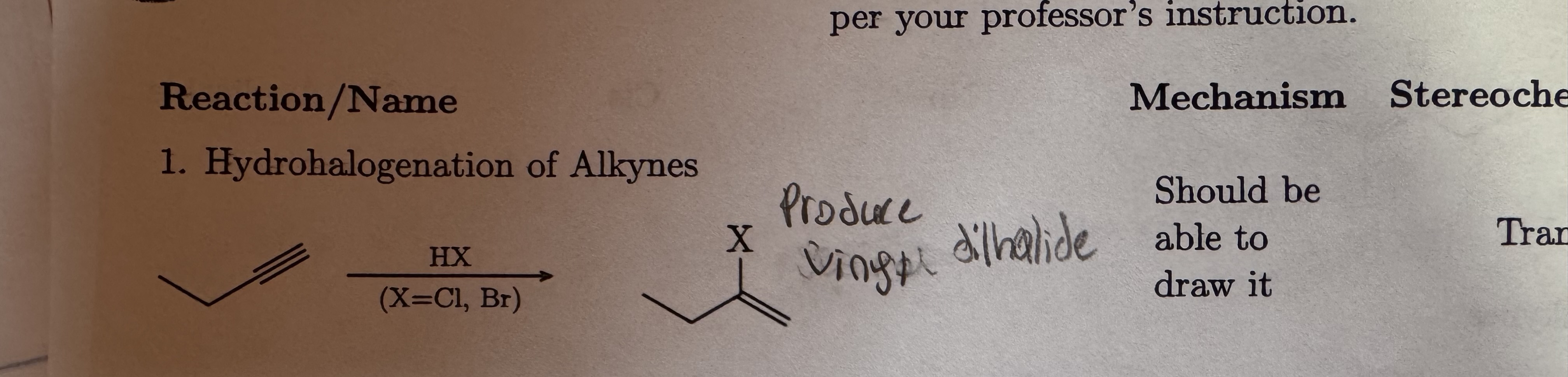 <p>Hydrohalogenation of Alkynes</p><p>Produce Vinyl Dihalide</p>
