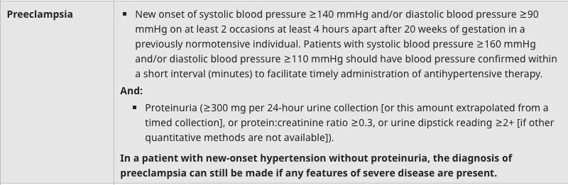 <ul><li><p>TAS ≥140 TAD ≥ 90</p></li><li><p>diagnosticada por primera vez <strong>después de las 20 semanas</strong></p></li><li><p><strong>P</strong>roteinuria</p><ul><li><p>24 horas ≥ 300 mg</p></li><li><p>proteinuria:creatinuria ≥ 0.3</p></li><li><p>Tiras reactivas ≥2 +</p></li></ul></li><li><p><strong>NO s</strong>ignos de daño a órgano blanco</p></li></ul><p></p><p><em>Aunque no haya proteinuria si hay daño a órgano blanco se puede dx preeclampsia</em></p><p></p>