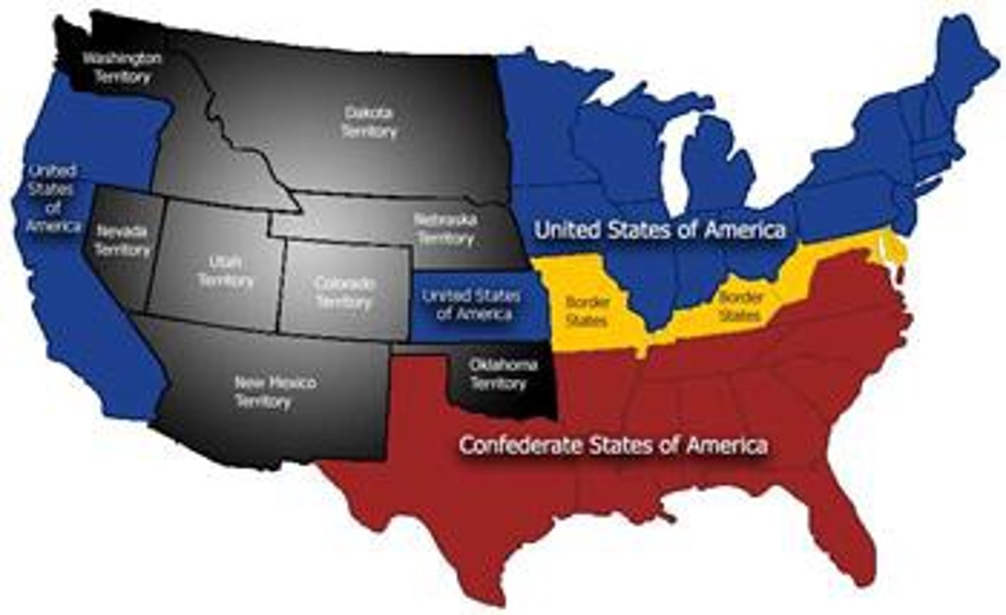 <p>Five slave states—Missouri, Kentucky, Maryland, Delaware, and West Virginia—that did not secede during the Civil War. To keep the states in the Union, Abraham Lincoln insisted that the war was not about abolishing slavery but rather protecting the Union.</p>