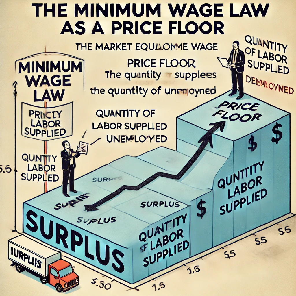 <p><span style="color: red">The <strong>minimum wage law</strong> is an example of a <strong>price floor</strong>.</span></p><ul><li><p><strong>Price Floor</strong>: It sets a <strong>minimum price</strong> (in this case, the wage) that employers are required to pay workers. The minimum wage is set <strong>above the market equilibrium wage</strong> to ensure workers earn a certain minimum income.</p></li><li><p><strong>Effect</strong>: If the minimum wage is higher than the equilibrium wage, it can lead to a <strong>surplus</strong> of labor, meaning more people are willing to work at the higher wage, but employers may hire fewer workers due to the increased cost, resulting in unemployment.</p></li></ul><p>In summary, the minimum wage law sets a legal minimum on wages, making it a <span style="color: red"><strong>price floor</strong>.</span></p>