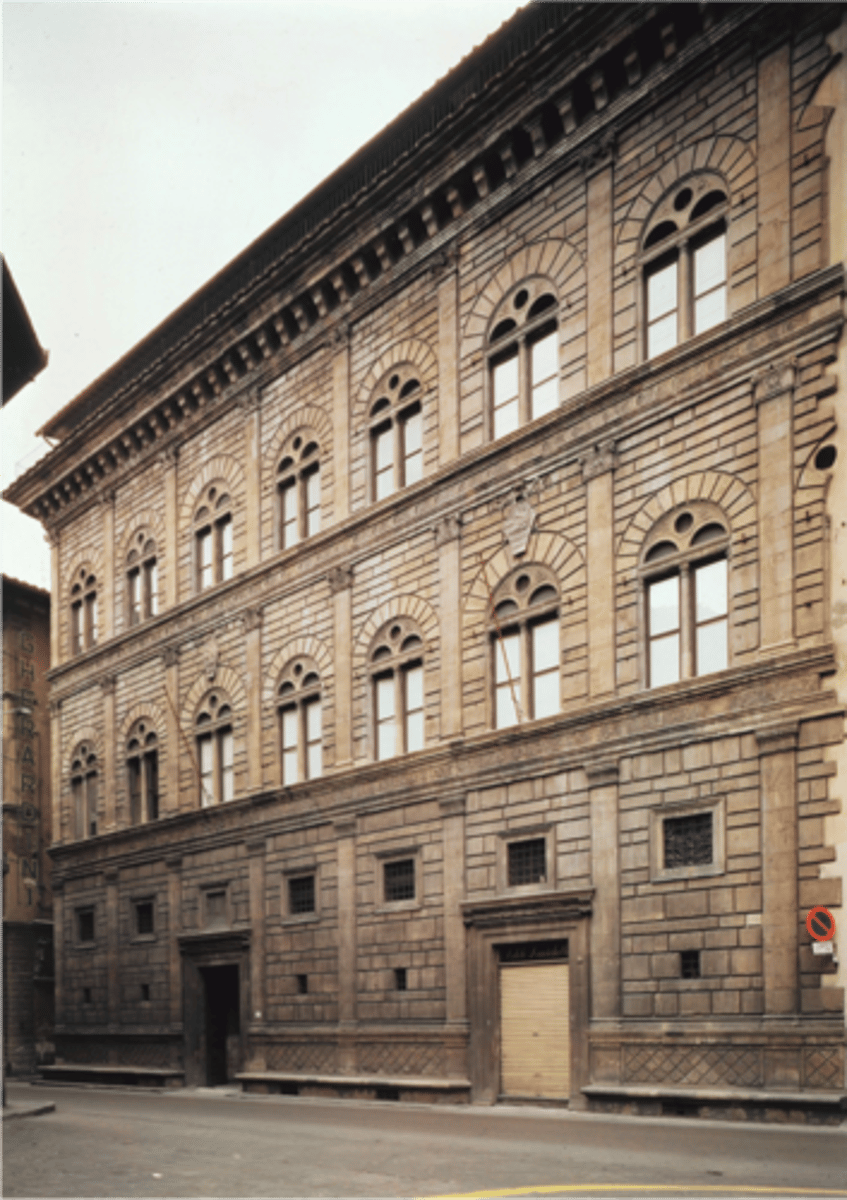 <p>Location: Florence, Italy</p><p>Time Period: 1450 C.e</p><p>Artist: Leon Battista Alberti</p><p>Material: Stone masonry</p><p>Facts: Palazzo Rucellai is a landmark Renaissance palace in Florence whose façade was designed by the renowned humanist and architect Leon Battista Alberti between 1446 and 1451. This splendid work was the first to fully express the spirit of fifteenth-century humanism in residential architecture. The structural elements of ancient Rome are replicated in the arches, pilasters and entablatures, and in the larger blocks on the ground floor, which heighten the impression of strength and solidity. The pilasters of the three stories embody different classical orders creating an effect reminiscent of the Coliseum. Flanking the two main doorways are long stone street benches that run the length of the building, a typical feature of fifteenth-century buildings that then, and still today, serve as a resting place for passers-by and visitors to the palazzo. The elegant design of this palace marked a turning point in the architecture of patrician residences, setting them apart from the more fortress-like structures that had been previously built in Florence.</p>