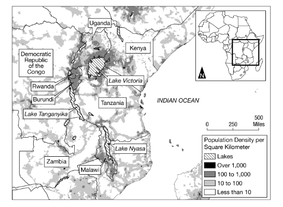 <p><span style="font-family: Roboto, LearnosityMath, Helvetica Neue, Helvetica, Arial, sans-serif">Which of the following best identifies the data for the Eastern Great Rift Valley, shown on the map?</span></p>