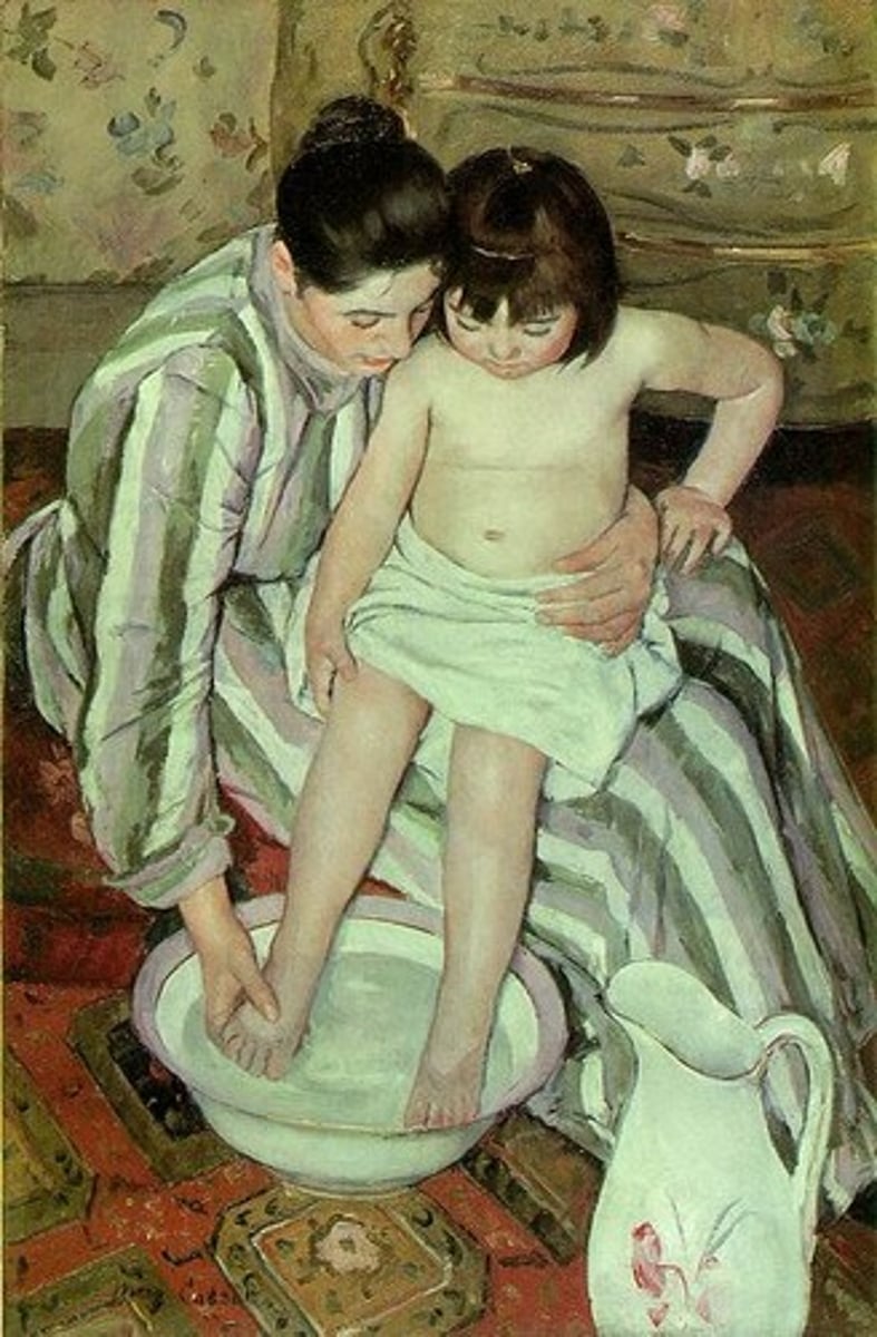 <p>Shape and form help to define objects on a piece of art. Shapes are often defined by a continuous line that meets to create a closed shape. Artists use contour line to create dimension. Shapes have two dimensions, height and width; and for has three dimensions, height, weight, and depth.</p><p>This painting of a woman bathing a child by Mary Cassett (1893), The Bath, is a good example of the use of form. Inspired by the work of Edgar Degas and Japanese prints, this artist uses bold circular contour shapes of figures, a basin, and a pitcher. Notice the rounded, natural forms created to illustrate clear, crisp lively patterns.</p>