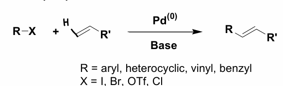 <p>An R-X is reacted with an alkene/alkyne in the presence of a Pd catalyst and a base, forming a R=R.</p><ul><li><p>B-hydride elimination occurs.</p></li><li><p>R-X must not contain and alkyl-aryl group as this would lead to unwanted byproducts</p></li></ul><p></p>