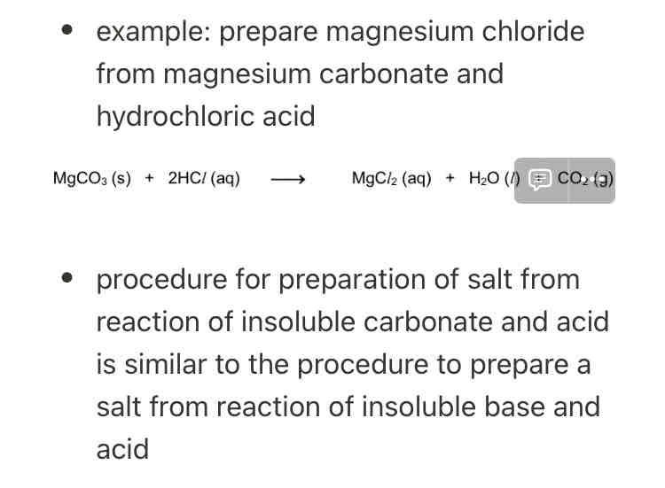 <ul><li><p><span>carbonates and hydrogen carbonates can be soluble/insoluble in water</span></p></li><li><p><span>insoluble carbonate or hydrogen carbonate can be added in excess to an acid to produce a salt</span></p></li></ul>