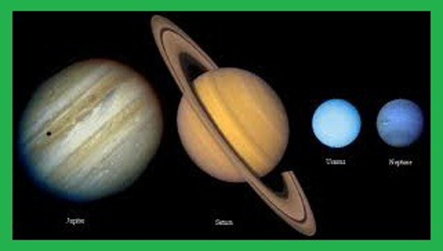 <p>Planets that are: rotate on own axis quickly, revolve around the sun slowly, low densities, huge gas giants, thick gaseous atmospheres, cold, all have rings, all have MANY moons</p>