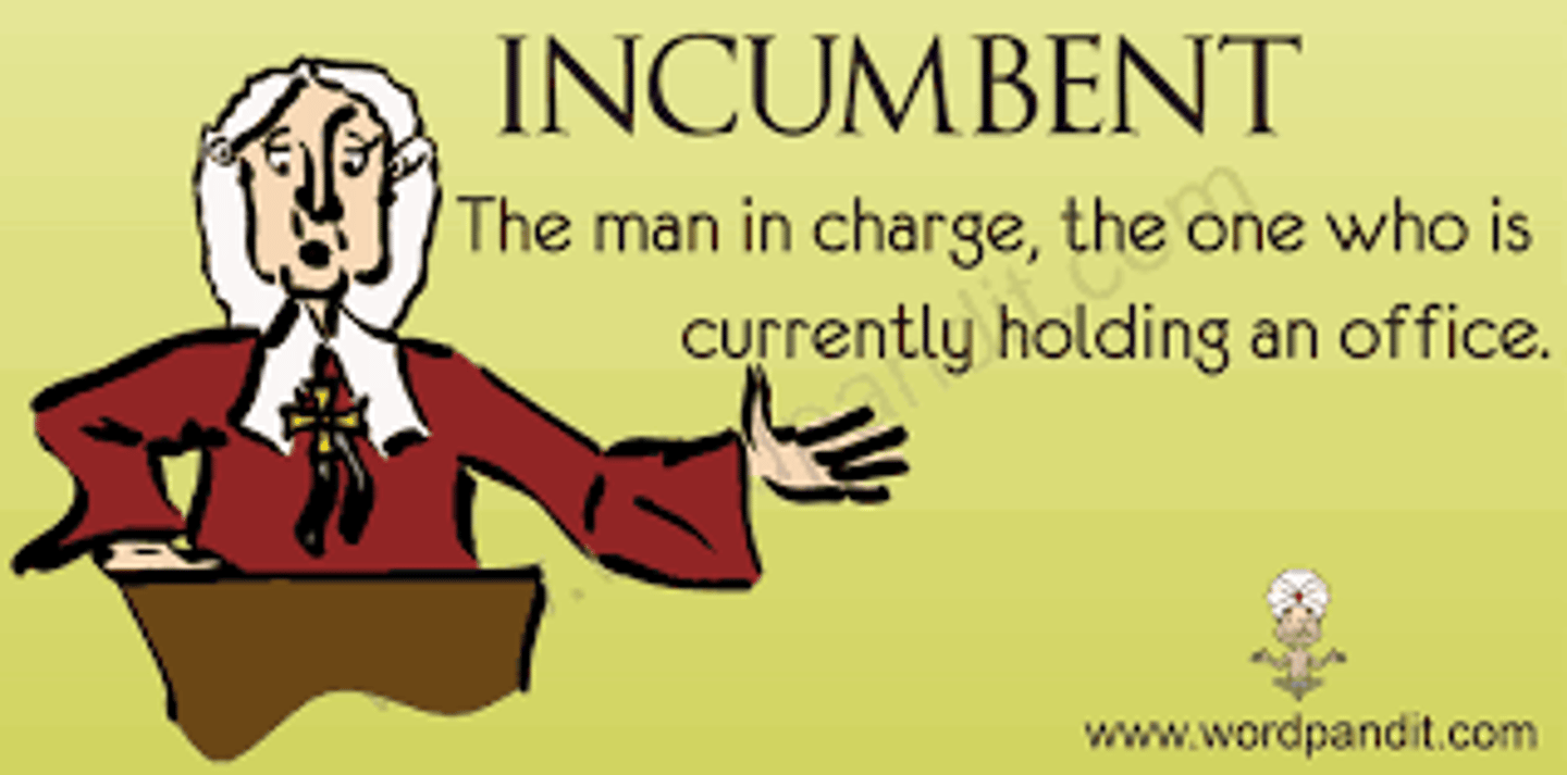 <p>The current holder of a political office such as a politician in the House, Senate or presidency or an MP in parliament.</p>