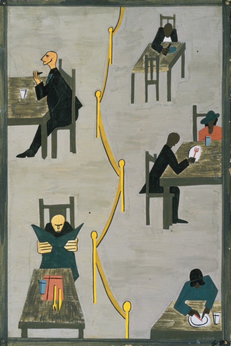 <p>1940-1941. Jacob Lawrence. Tempura on hardboard. Harlem Renaissance.<br>Narratives<br>Simplistic flat shapes, muted colors.<br>Dividing line sigzaging through the middle, segregation<br>Abstract and narrative crested social message<br>Tables tilted so the viewer can see the top (unsual perspective<br>Figures lack individuality (collected experoemce)<br>Completely separate, neither side are interacting</p>