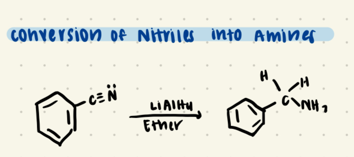 <p>Nitirle plus strong oxidizing agent (LIalH4)/Ether</p>