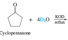 <p>Substitution of deuterium for hydrogen at the α-carbon atom of an aldehyde or a ketone is a convenient way to introduce an <strong>isotopic labe</strong>l into a molecule and is readily carried out by treating the carbonyl compound with deuterium oxide (D2O) and base</p>